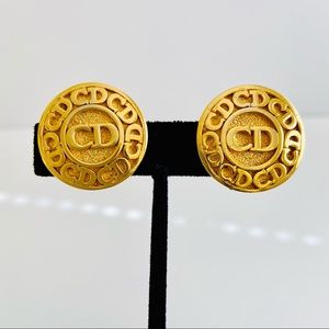 Christian Dior Logo Round Gold Clip On Earrings